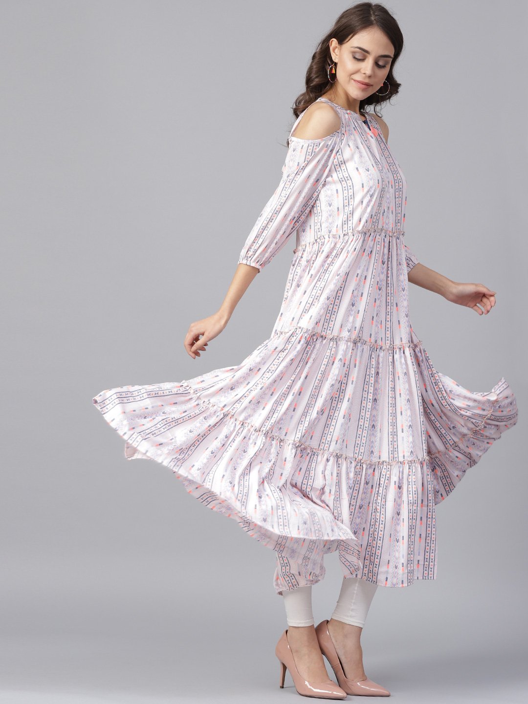 NOZ2TOZ Off White Printed 3/4th Cold Shoulder Sleeve Tiered Anarkali Kurta - Distacart