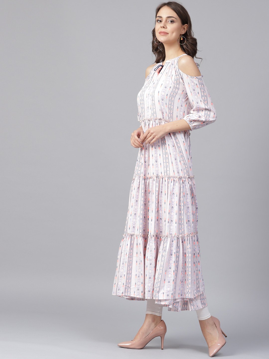 NOZ2TOZ Off White Printed 3/4th Cold Shoulder Sleeve Tiered Anarkali Kurta - Distacart