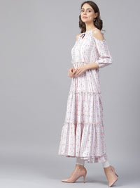 Thumbnail for NOZ2TOZ Off White Printed 3/4th Cold Shoulder Sleeve Tiered Anarkali Kurta - Distacart