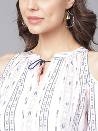 Thumbnail for NOZ2TOZ Off White Printed 3/4th Cold Shoulder Sleeve Tiered Anarkali Kurta - Distacart