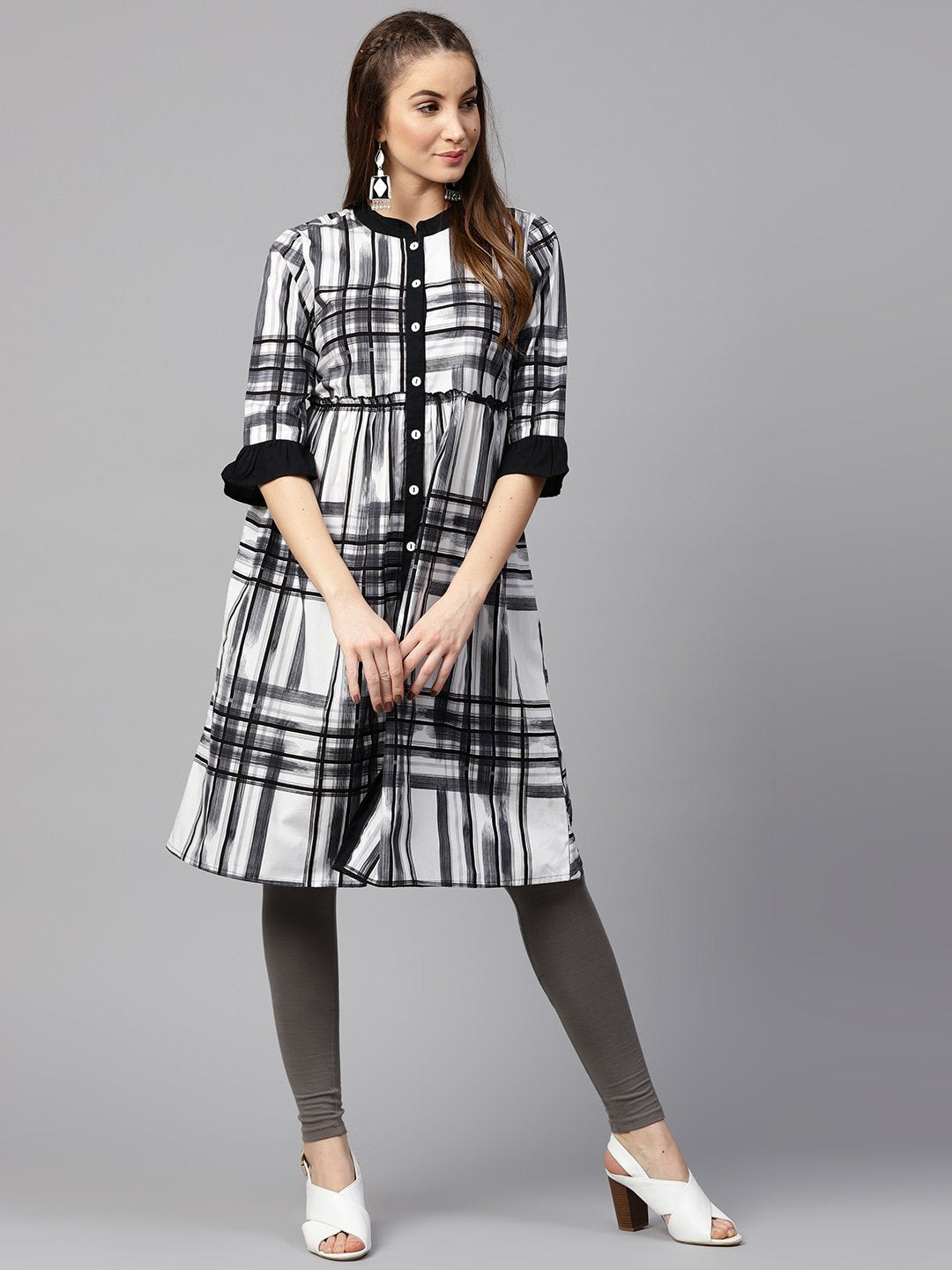 NOZ2TOZ Black Check 3/4th Sleeve Front Open Kurta - Distacart