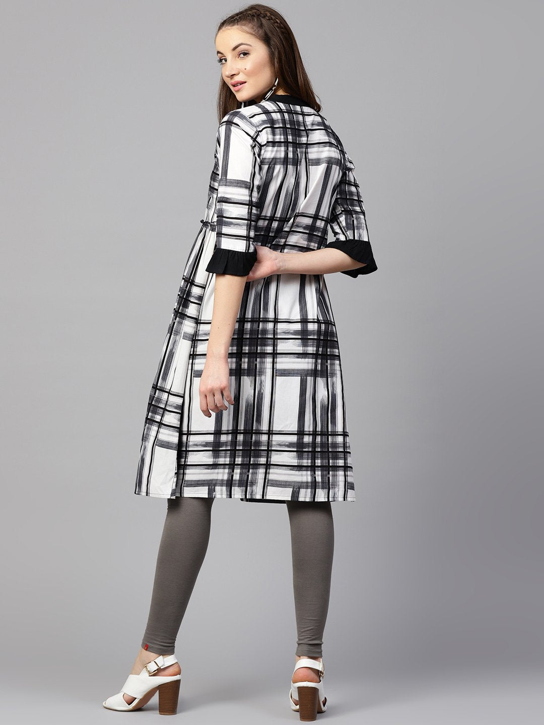 NOZ2TOZ Black Check 3/4th Sleeve Front Open Kurta - Distacart