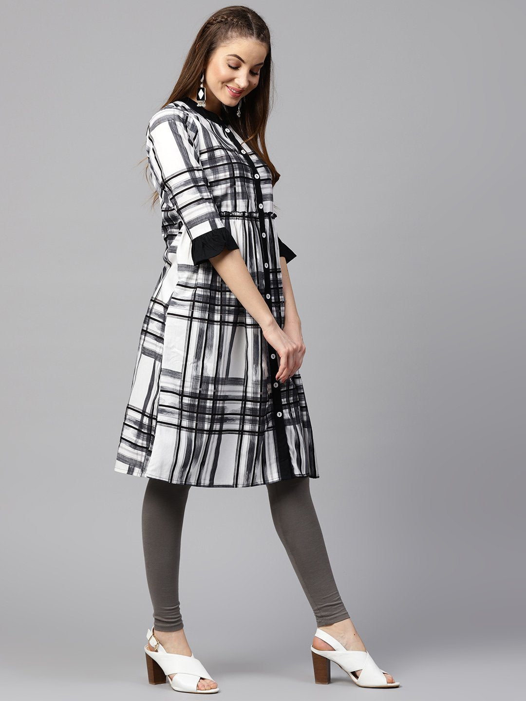 NOZ2TOZ Black Check 3/4th Sleeve Front Open Kurta - Distacart