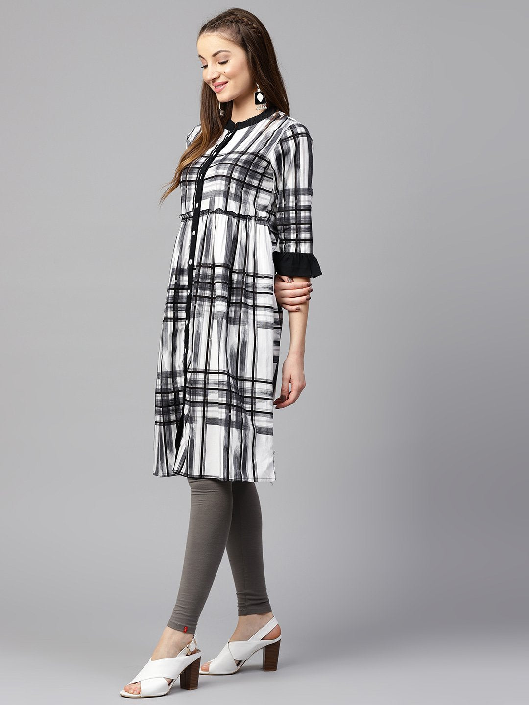 NOZ2TOZ Black Check 3/4th Sleeve Front Open Kurta - Distacart
