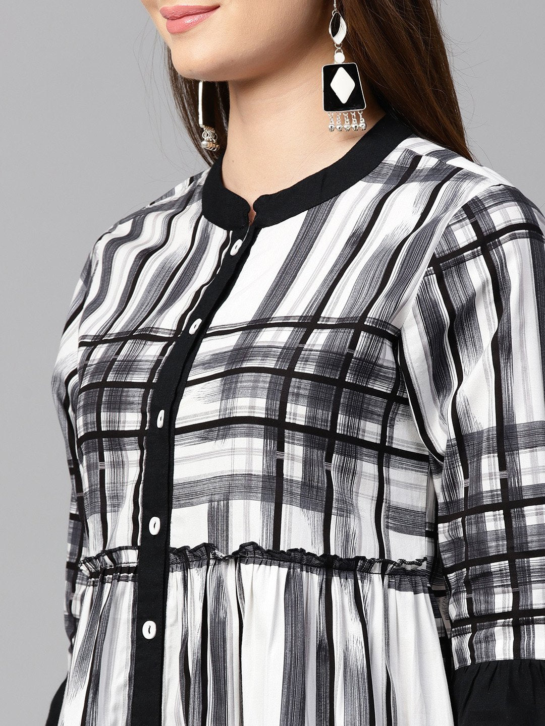 NOZ2TOZ Black Check 3/4th Sleeve Front Open Kurta - Distacart