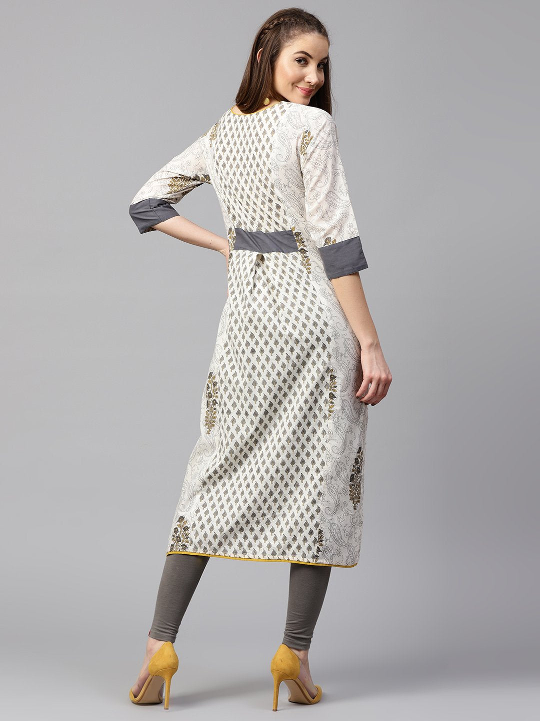 NOZ2TOZ Off White Printed Half Sleeve Cotton A-Line Kurta - Distacart