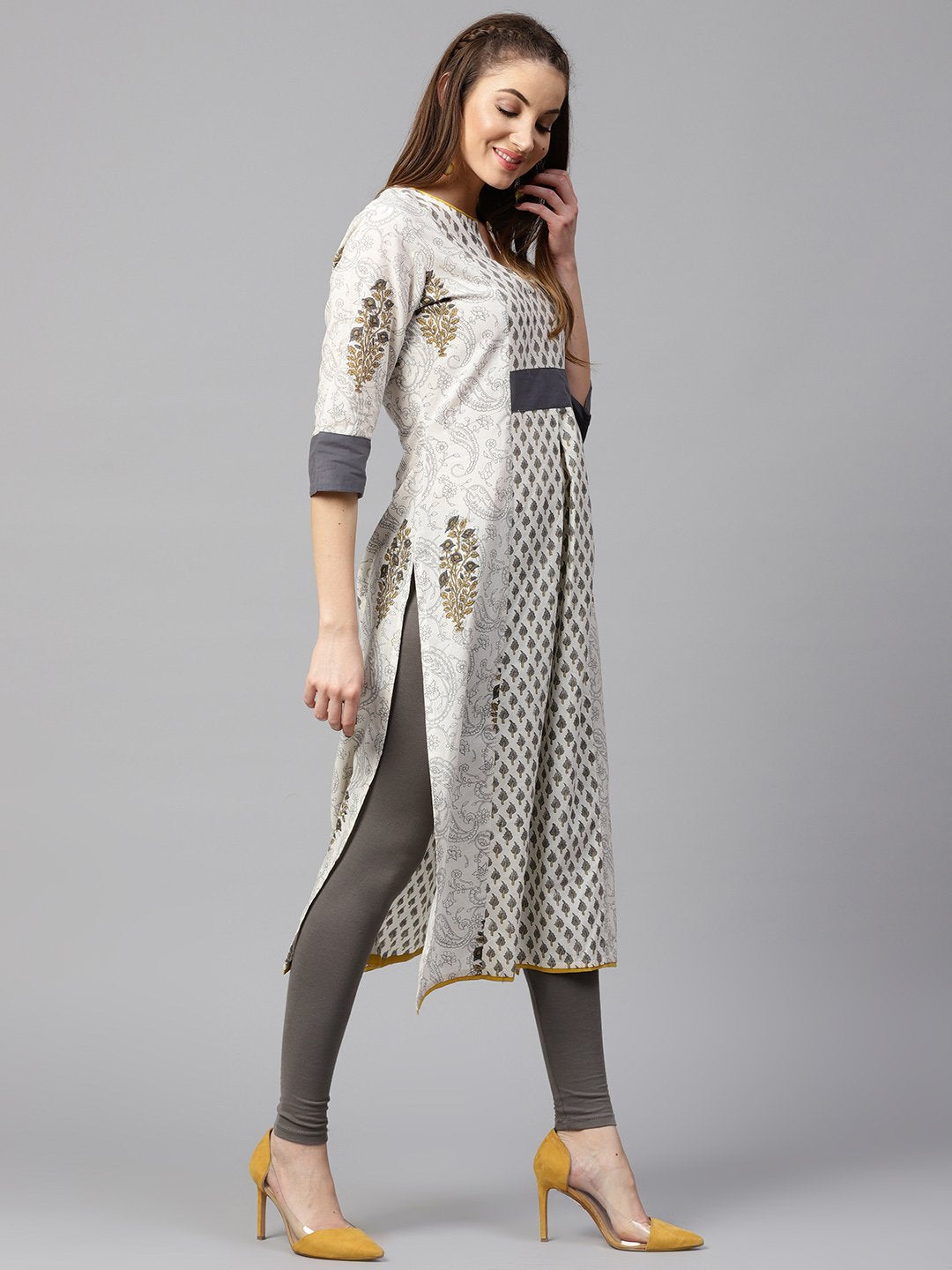 NOZ2TOZ Off White Printed Half Sleeve Cotton A-Line Kurta - Distacart