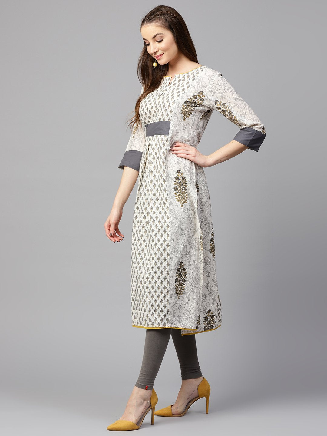 NOZ2TOZ Off White Printed Half Sleeve Cotton A-Line Kurta - Distacart