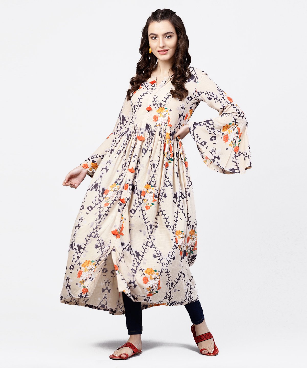 NOZ2TOZ White Printed Full Sleeve Rayon Slub Anarkali Kurta - Distacart