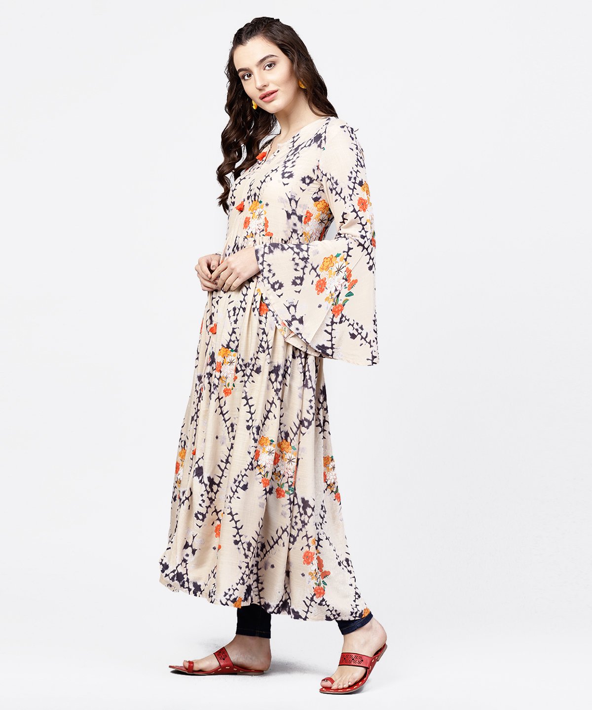 NOZ2TOZ White Printed Full Sleeve Rayon Slub Anarkali Kurta - Distacart