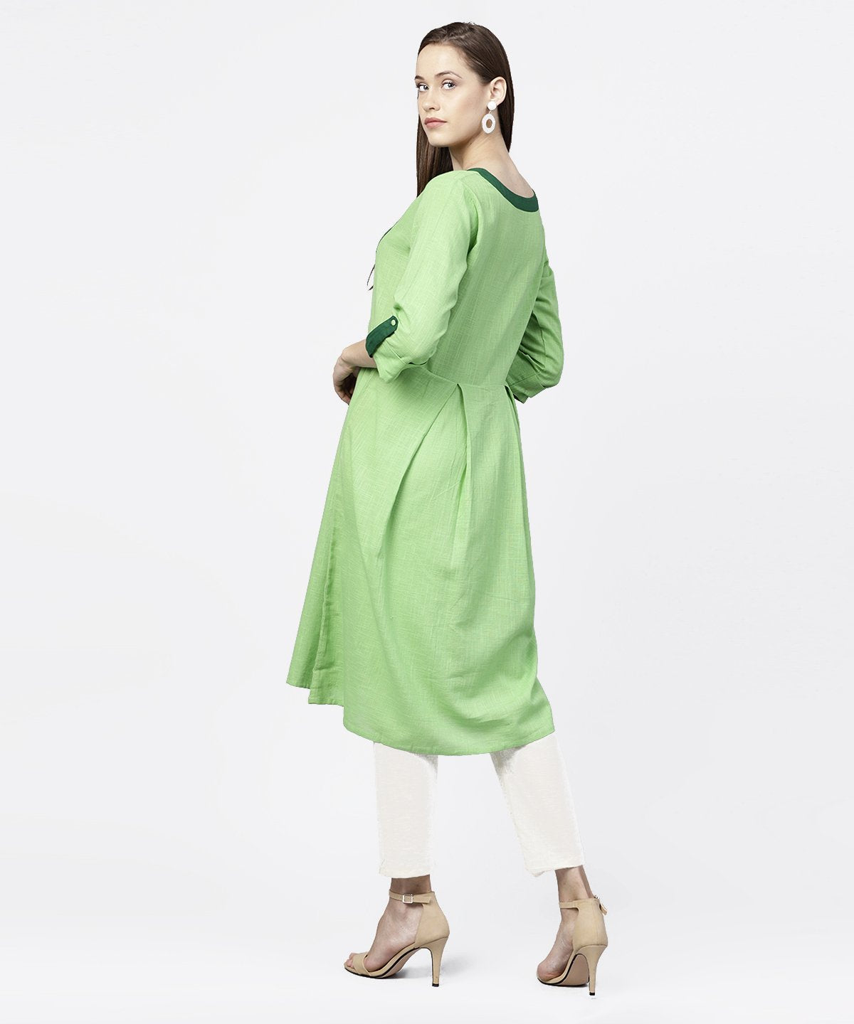 NOZ2TOZ Solid Green 3/4th Sleeve Flap Style Sleeve A-Line Kurta - Distacart