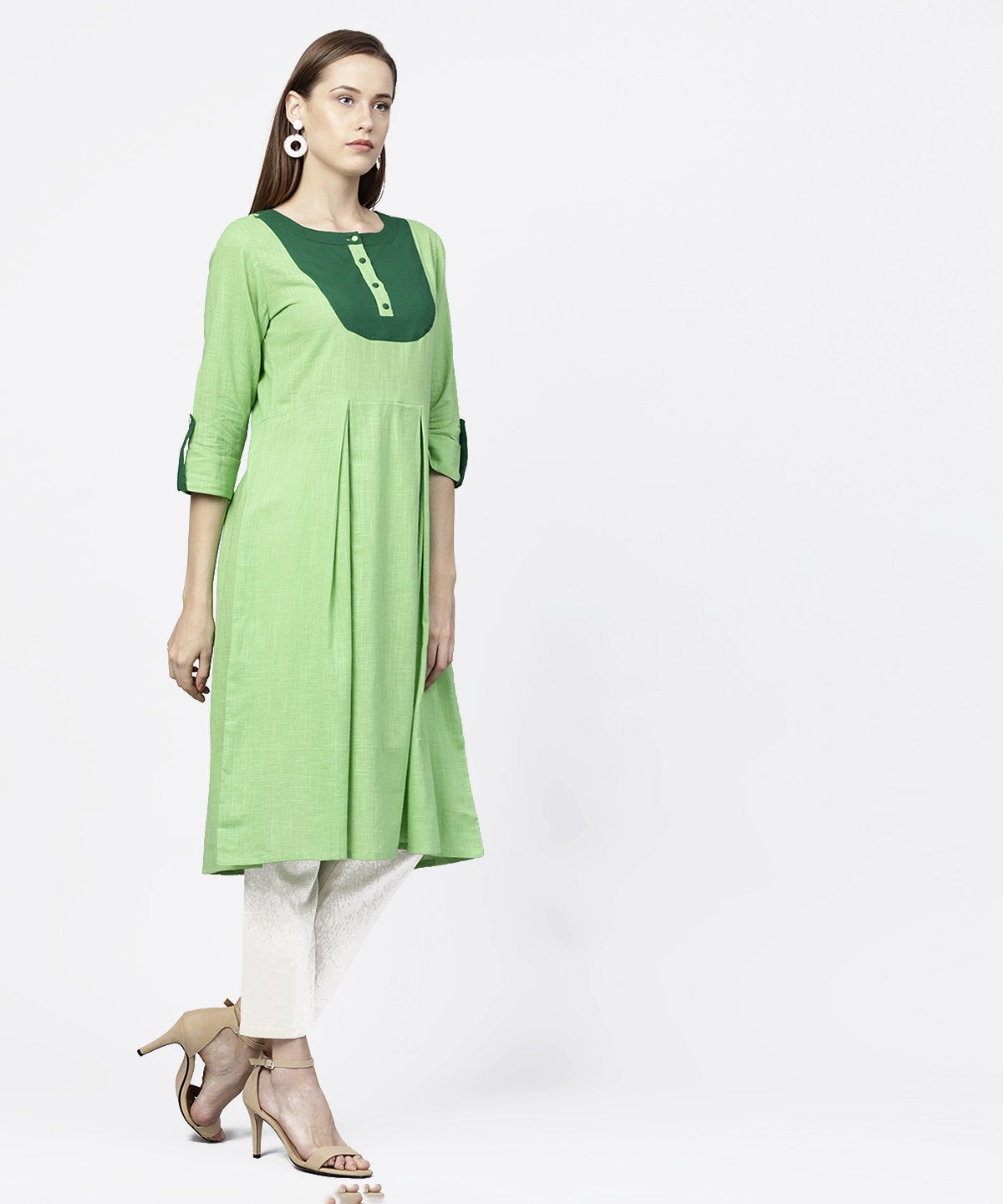 NOZ2TOZ Solid Green 3/4th Sleeve Flap Style Sleeve A-Line Kurta - Distacart