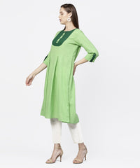 Thumbnail for NOZ2TOZ Solid Green 3/4th Sleeve Flap Style Sleeve A-Line Kurta - Distacart