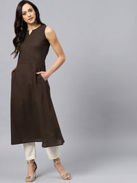 Thumbnail for NOZ2TOZ Dark Brown Round Neck With V-Slit Kurta - Distacart
