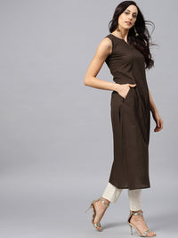 Thumbnail for NOZ2TOZ Dark Brown Round Neck With V-Slit Kurta - Distacart