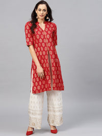 Thumbnail for NOZ2TOZ Red Printed Kurta With Madarin Collar And Half Sleeves - Distacart