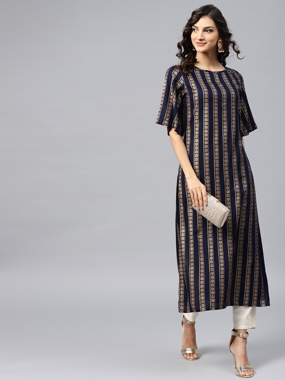 NOZ2TOZ Geometric Printed Navy Blue Kurta With Round Neck And Half Slevees - Distacart