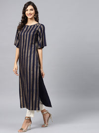 Thumbnail for NOZ2TOZ Geometric Printed Navy Blue Kurta With Round Neck And Half Slevees - Distacart