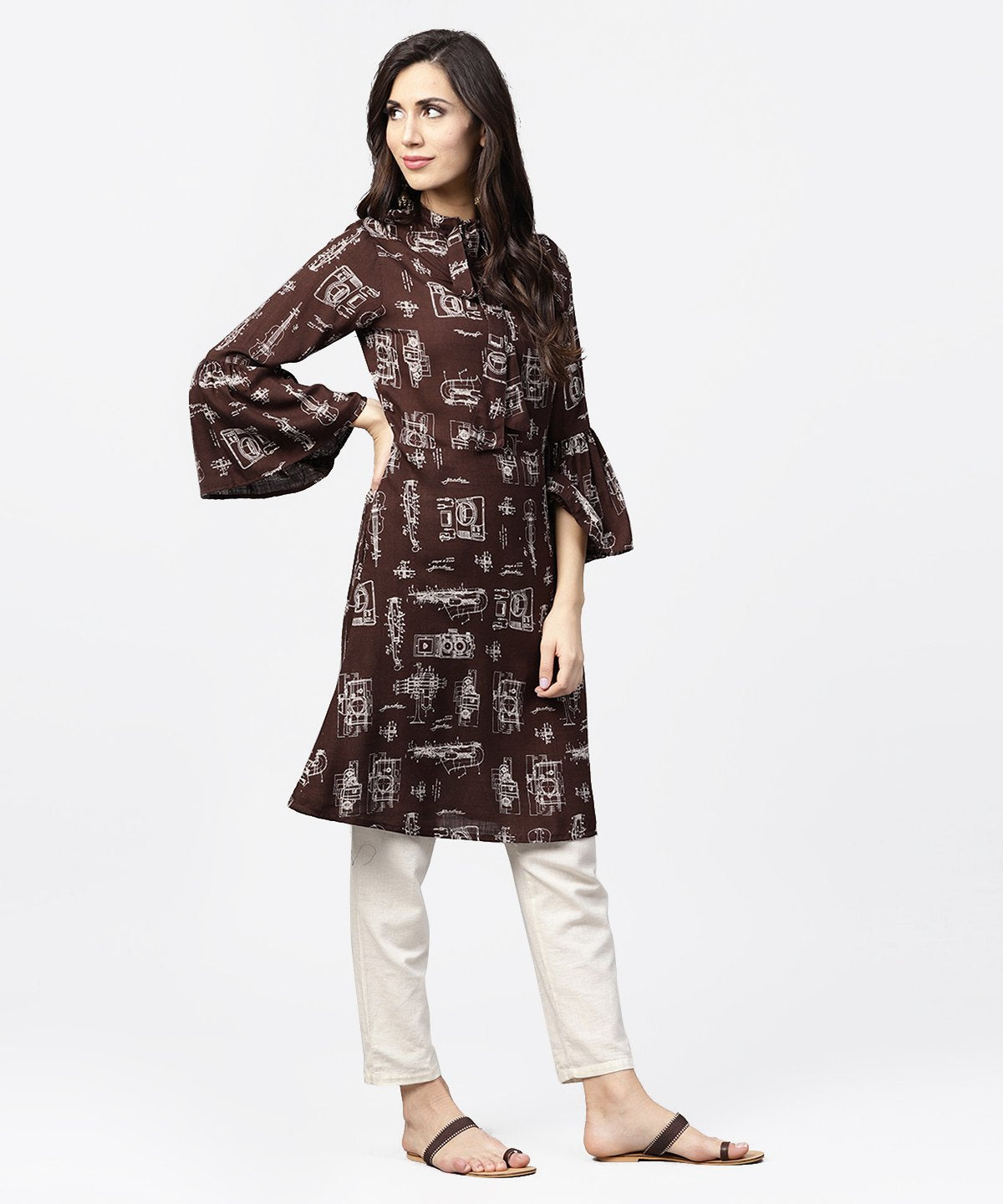 NOZ2TOZ Dark Coffee Printed Half Sleeve Cotton Kurta - Distacart