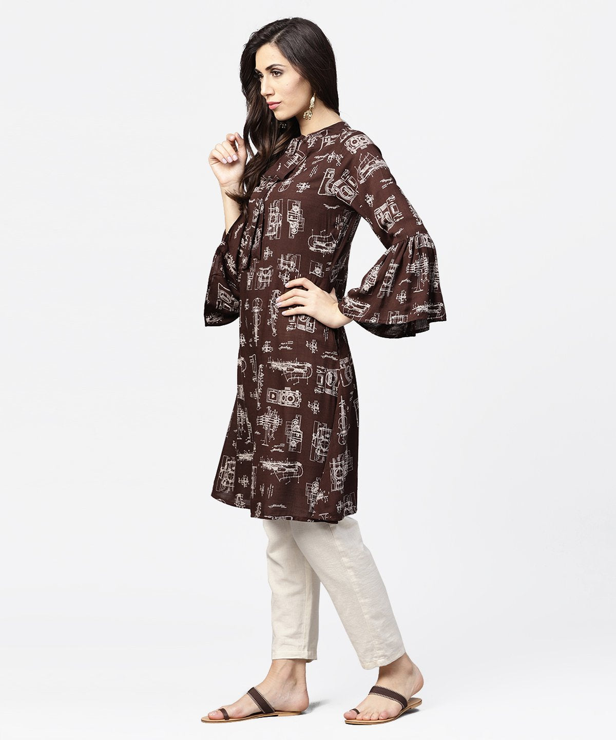NOZ2TOZ Dark Coffee Printed Half Sleeve Cotton Kurta - Distacart