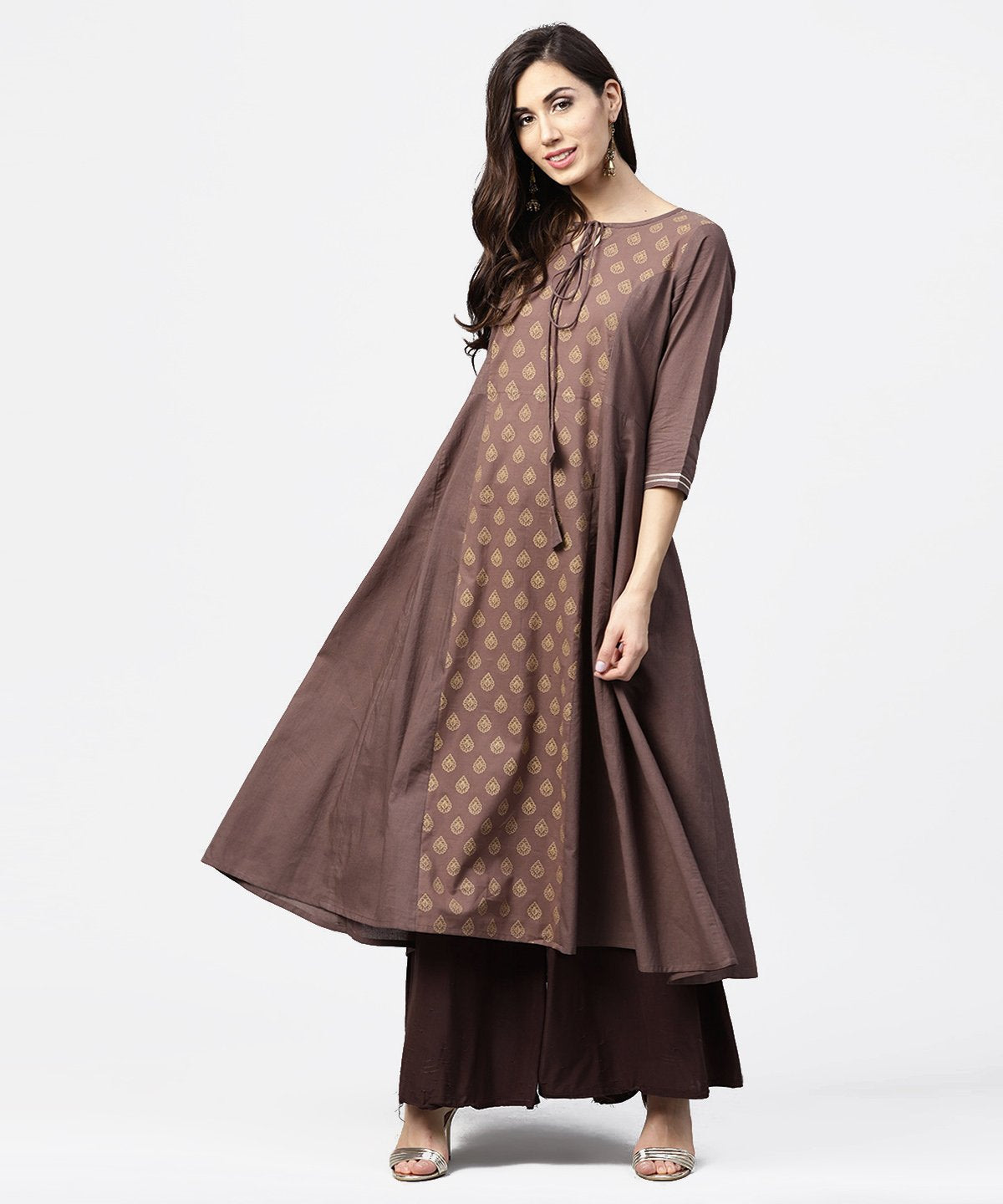 NOZ2TOZ Grey Printed 3/4th Sleeve A-Line Cotton Kurta With Dori Work At Yoke - Distacart