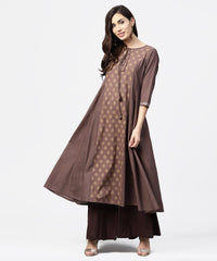 Thumbnail for NOZ2TOZ Grey Printed 3/4th Sleeve A-Line Cotton Kurta With Dori Work At Yoke - Distacart