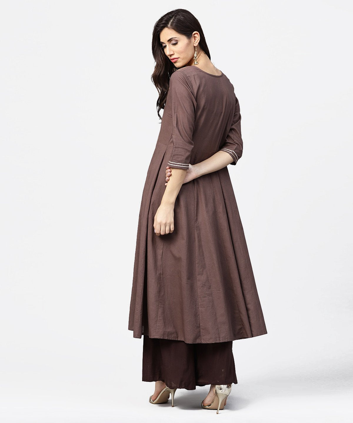 NOZ2TOZ Grey Printed 3/4th Sleeve A-Line Cotton Kurta With Dori Work At Yoke - Distacart