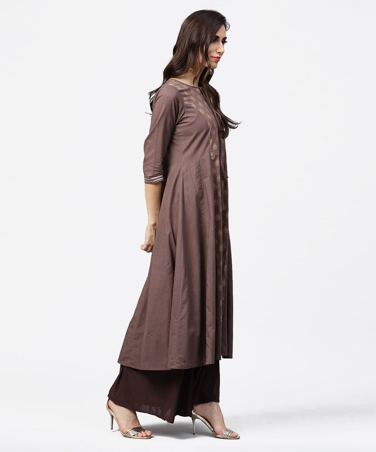 NOZ2TOZ Grey Printed 3/4th Sleeve A-Line Cotton Kurta With Dori Work At Yoke - Distacart