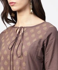 Thumbnail for NOZ2TOZ Grey Printed 3/4th Sleeve A-Line Cotton Kurta With Dori Work At Yoke - Distacart
