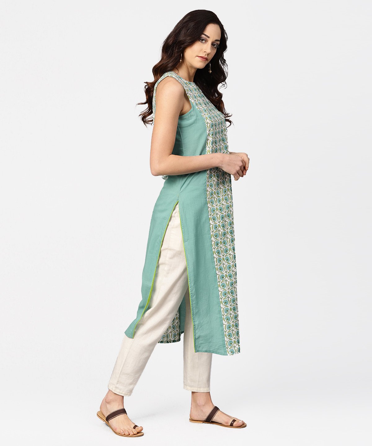 NOZ2TOZ Turquoise Blue Sleeveless Cotton Long Kurta - Distacart