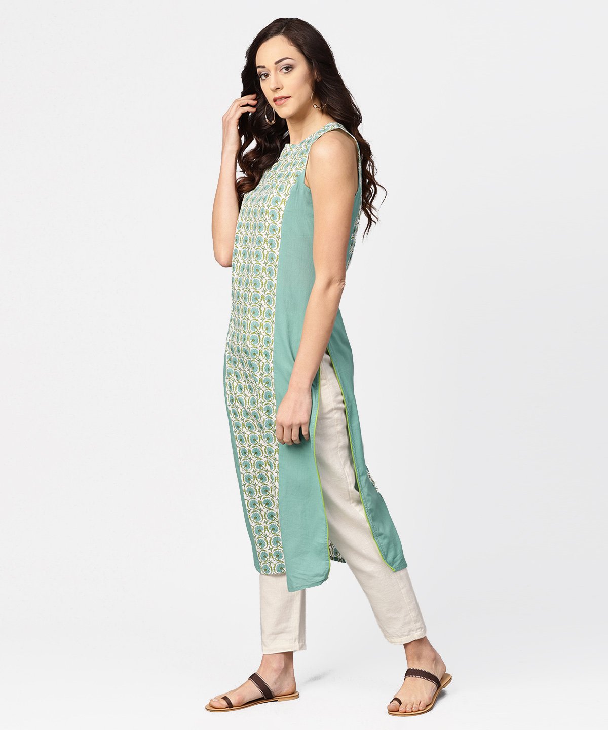 NOZ2TOZ Turquoise Blue Sleeveless Cotton Long Kurta - Distacart