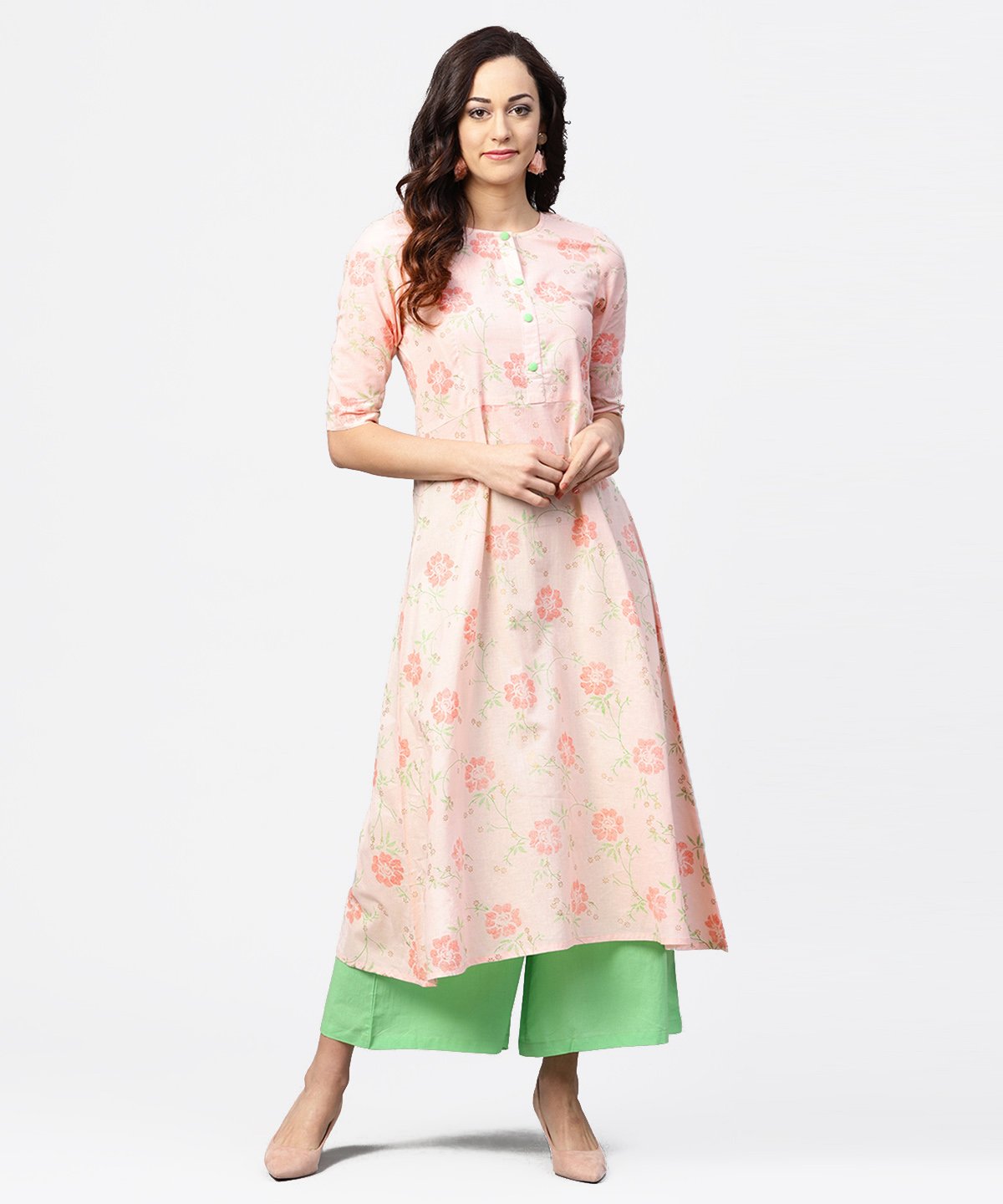 NOZ2TOZ Peach 3/4th Sleeve Cotton Printed Kurta Green Flared Palazzo - Distacart