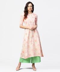 Thumbnail for NOZ2TOZ Peach 3/4th Sleeve Cotton Printed Kurta Green Flared Palazzo - Distacart