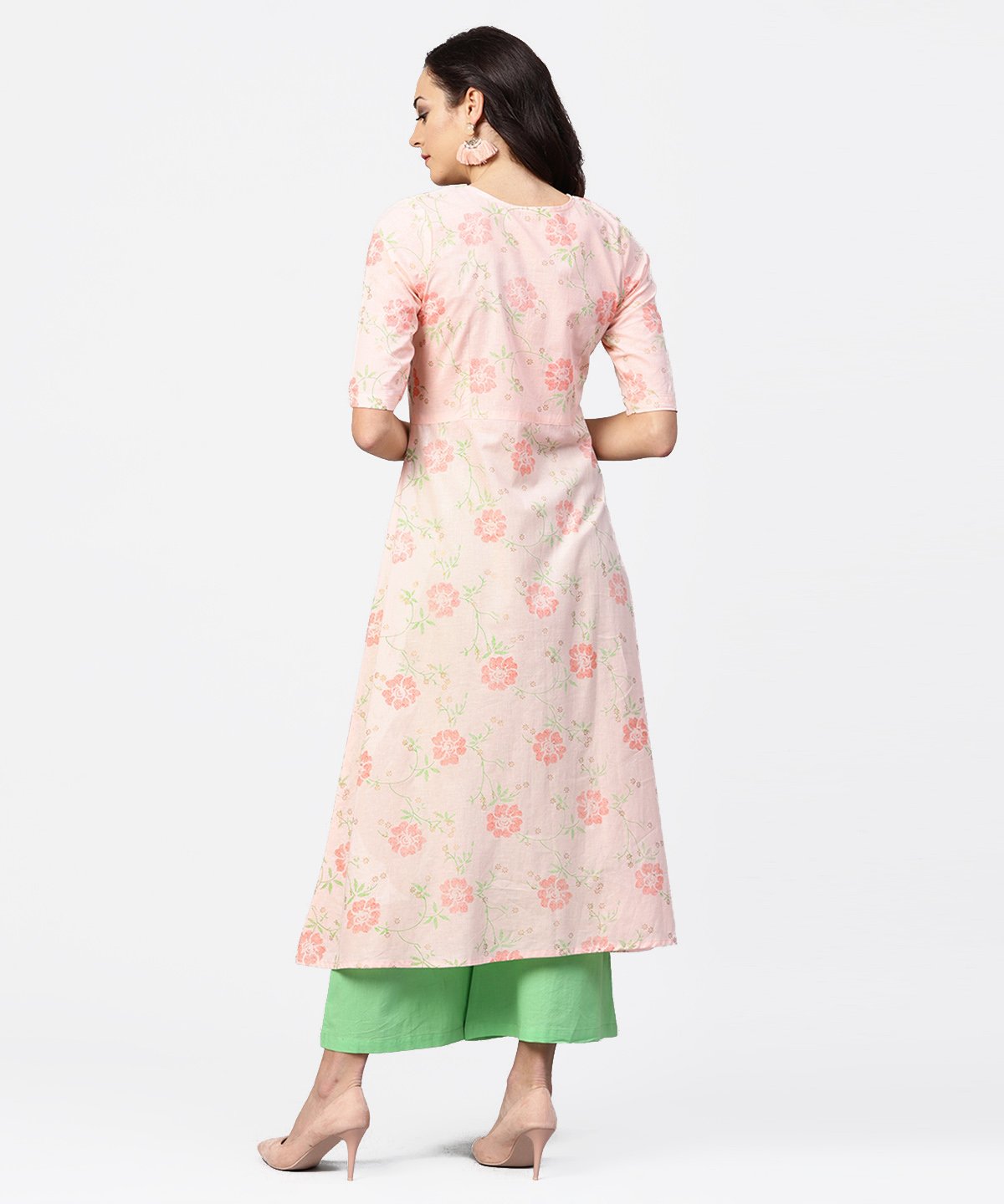 NOZ2TOZ Peach 3/4th Sleeve Cotton Printed Kurta Green Flared Palazzo - Distacart