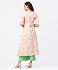 Thumbnail for NOZ2TOZ Peach 3/4th Sleeve Cotton Printed Kurta Green Flared Palazzo - Distacart