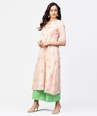 Thumbnail for NOZ2TOZ Peach 3/4th Sleeve Cotton Printed Kurta Green Flared Palazzo - Distacart