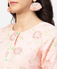 Thumbnail for NOZ2TOZ Peach 3/4th Sleeve Cotton Printed Kurta Green Flared Palazzo - Distacart