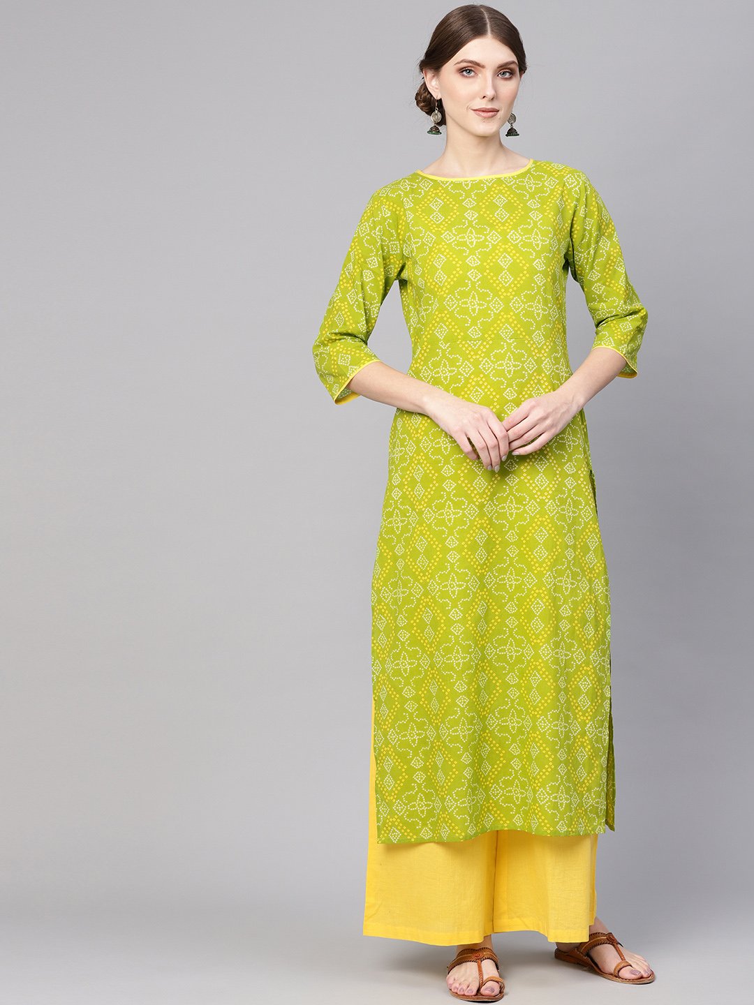 NOZ2TOZ Women Green & Yellow Bandhani Print Kurta with Palazzos - Distacart