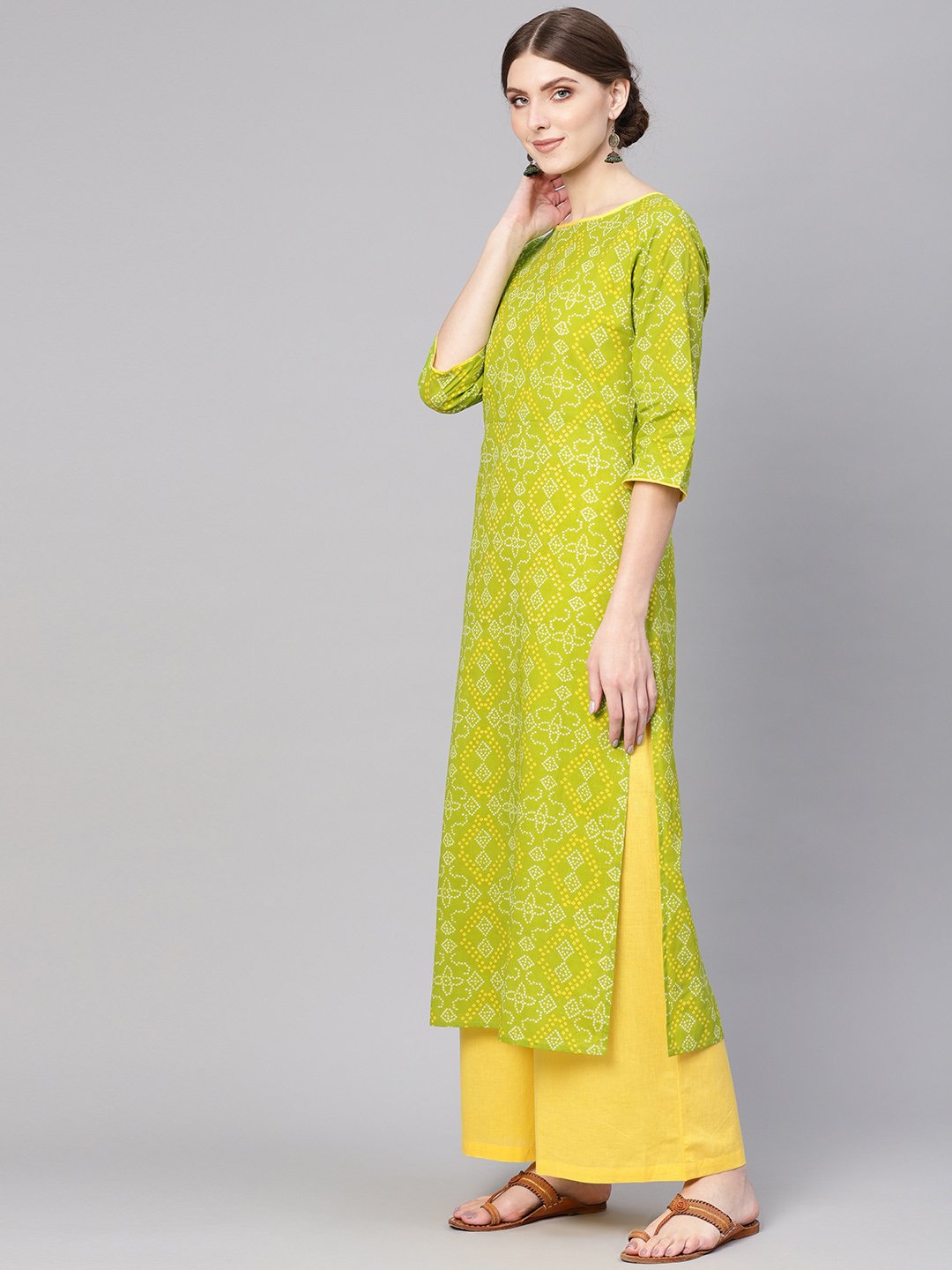 NOZ2TOZ Women Green & Yellow Bandhani Print Kurta with Palazzos - Distacart
