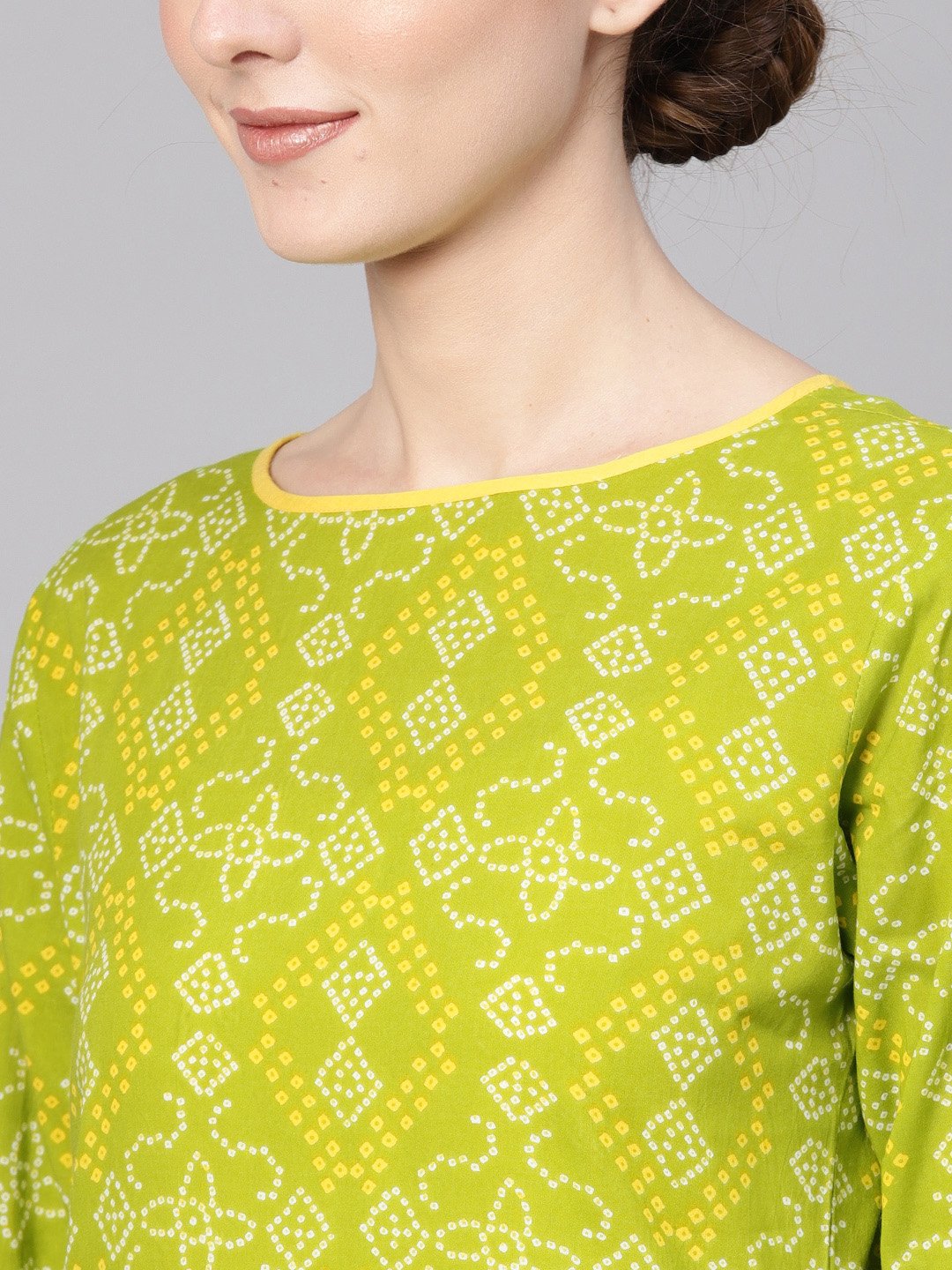 NOZ2TOZ Women Green & Yellow Bandhani Print Kurta with Palazzos - Distacart