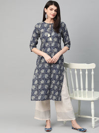Thumbnail for NOZ2TOZ Women Navy Blue & Cream Cotton Straight Floral Printed Kurta - Distacart