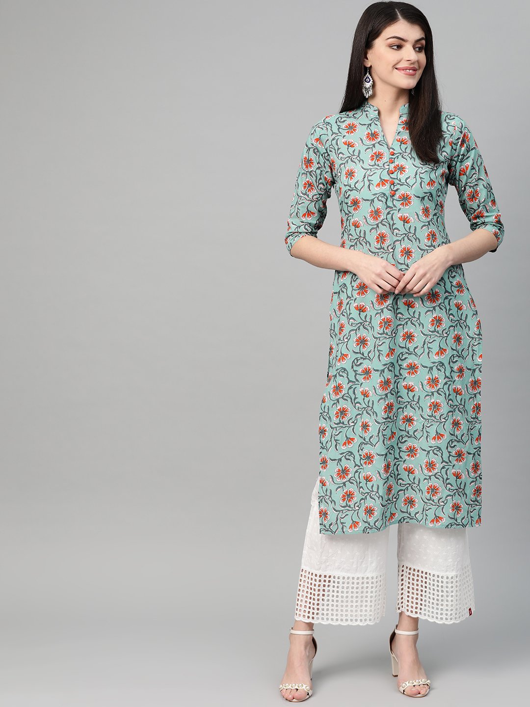 NOZ2TOZ Women Green & Orange Cotton Straight Floral Printed Kurta - Distacart