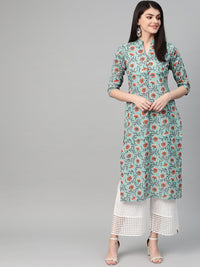 Thumbnail for NOZ2TOZ Women Green & Orange Cotton Straight Floral Printed Kurta - Distacart