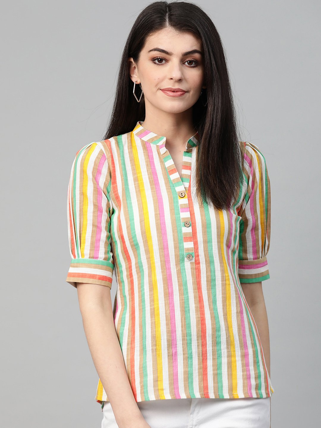 NOZ2TOZ Women White & Multi Regular Striped Top - Distacart