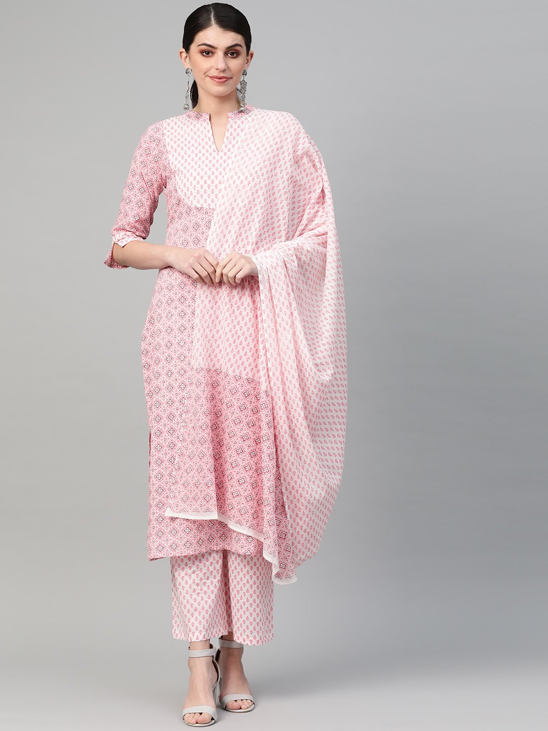 NOZ2TOZ Women Pink & white Straight Geometric Printed Kurta And Palazzos Set - Distacart