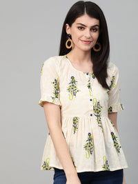 Thumbnail for NOZ2TOZ Women Off White & Green Peplum Printed Top - Distacart