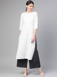 Thumbnail for NOZ2TOZ Women White & Grey Straight Floral Printed Kurta And Palazzos Set - Distacart