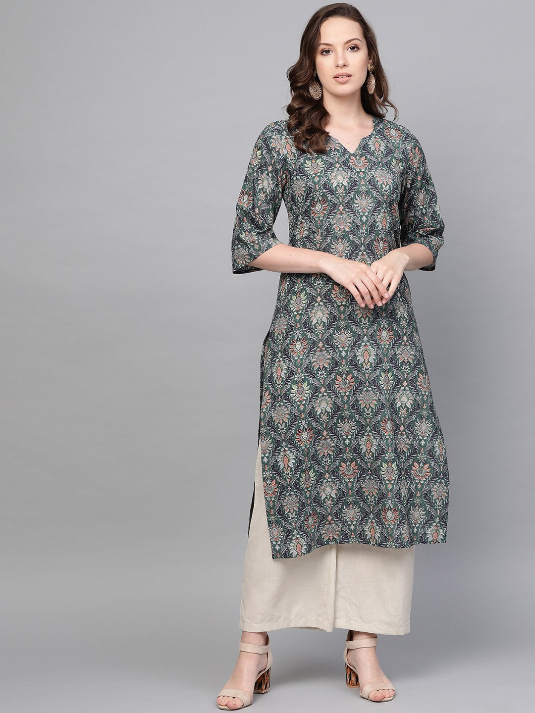 NOZ2TOZ Women Navy Blue & Multi Floral Printed Straight V-Neck Kurta - Distacart
