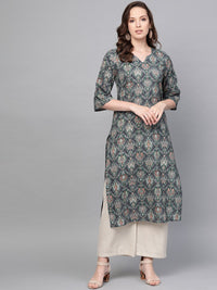 Thumbnail for NOZ2TOZ Women Navy Blue & Multi Floral Printed Straight V-Neck Kurta - Distacart