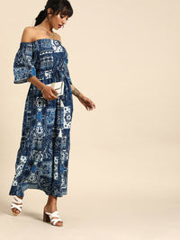 Thumbnail for NOZ2TOZ Women Navy Blue Bohemian Printed Strapless Cotton Maxi Dress - Distacart